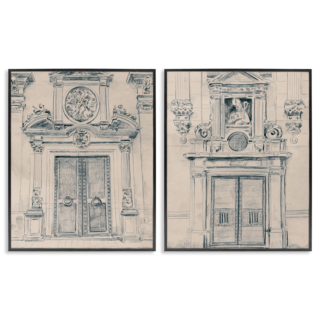 Stupell Industries Pencil Sketch Ornate Door 2 pc Framed Giclee Wall Art Set Design by June Erica Vess